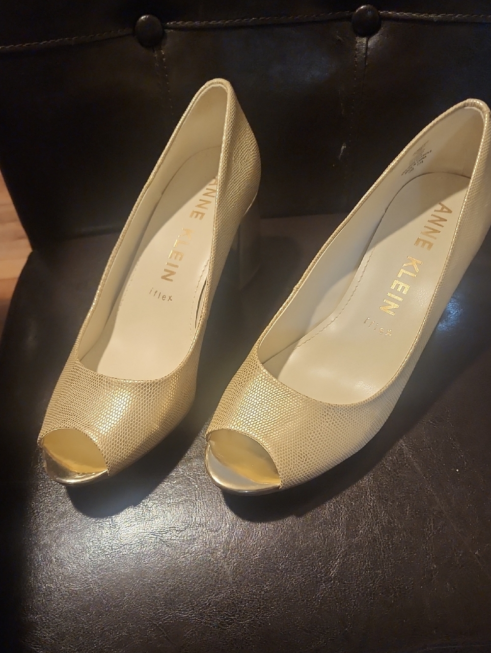 Anne Klein Gold Peep-Toe Block Heel Pumps